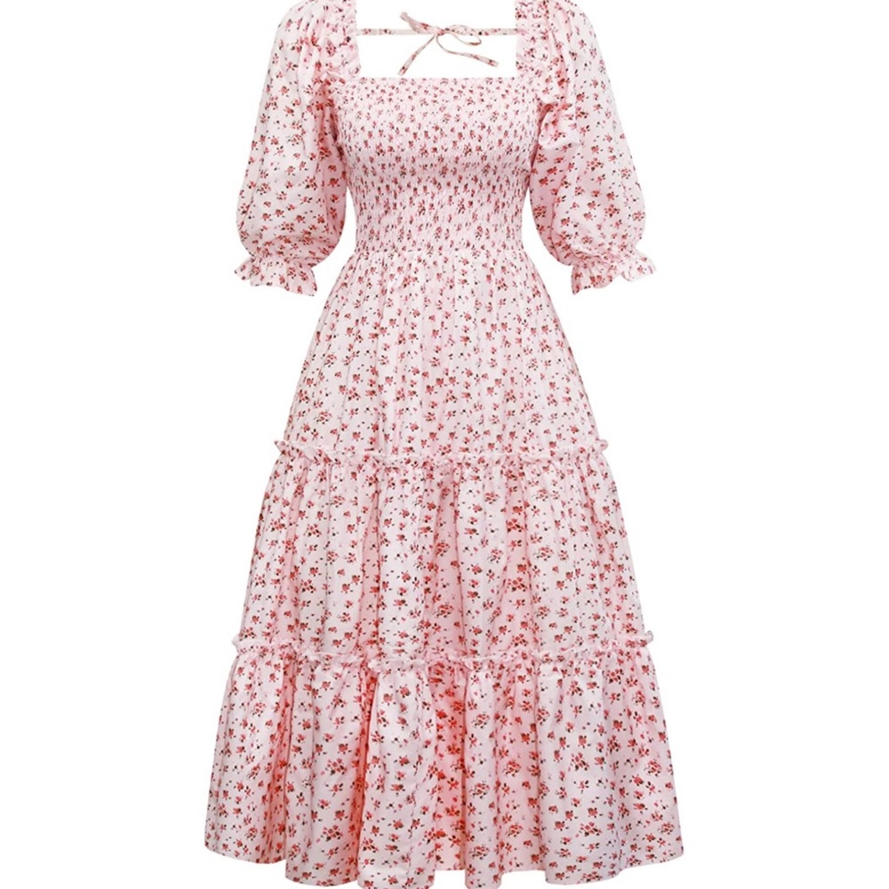 Women's Boho Floral Print Square Neck Beach Party Flowy Ruffle Midi Dress